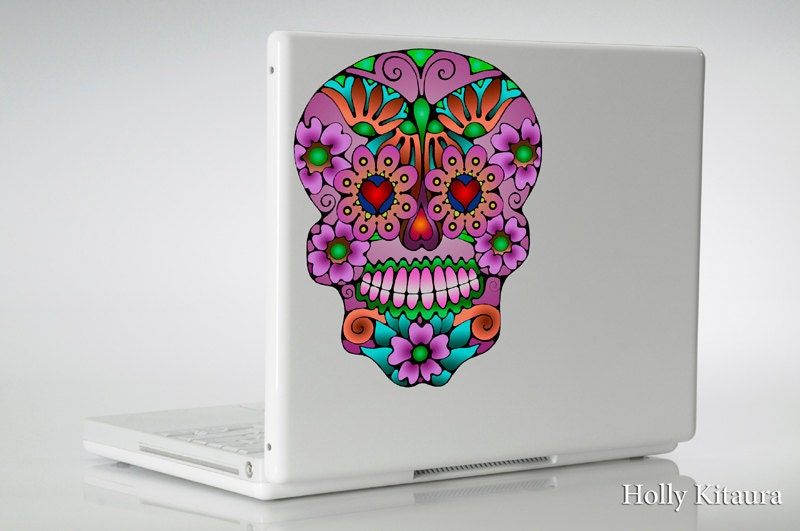 Sugar Skull Dia de los Muertos vinyl decal indoor outdoor use. pink purple orange and blue