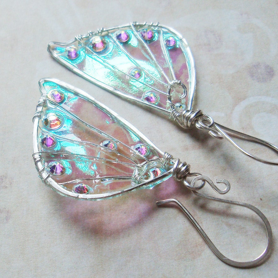 Sidhe Wings Earrings - Daoine Sith in Silver- Iridescent Faery Wing Earrings - Fairy Wings - Fairie Wings