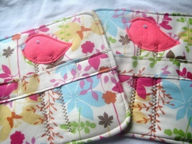 Appliqued Girly Bird Pot Holders - Set of 2