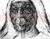 Nun - Original Drawing - Dark Art Surreal Abstract Horror Gothic Halloween Blood Red Jesus God Bible Church Cross Monster Creature