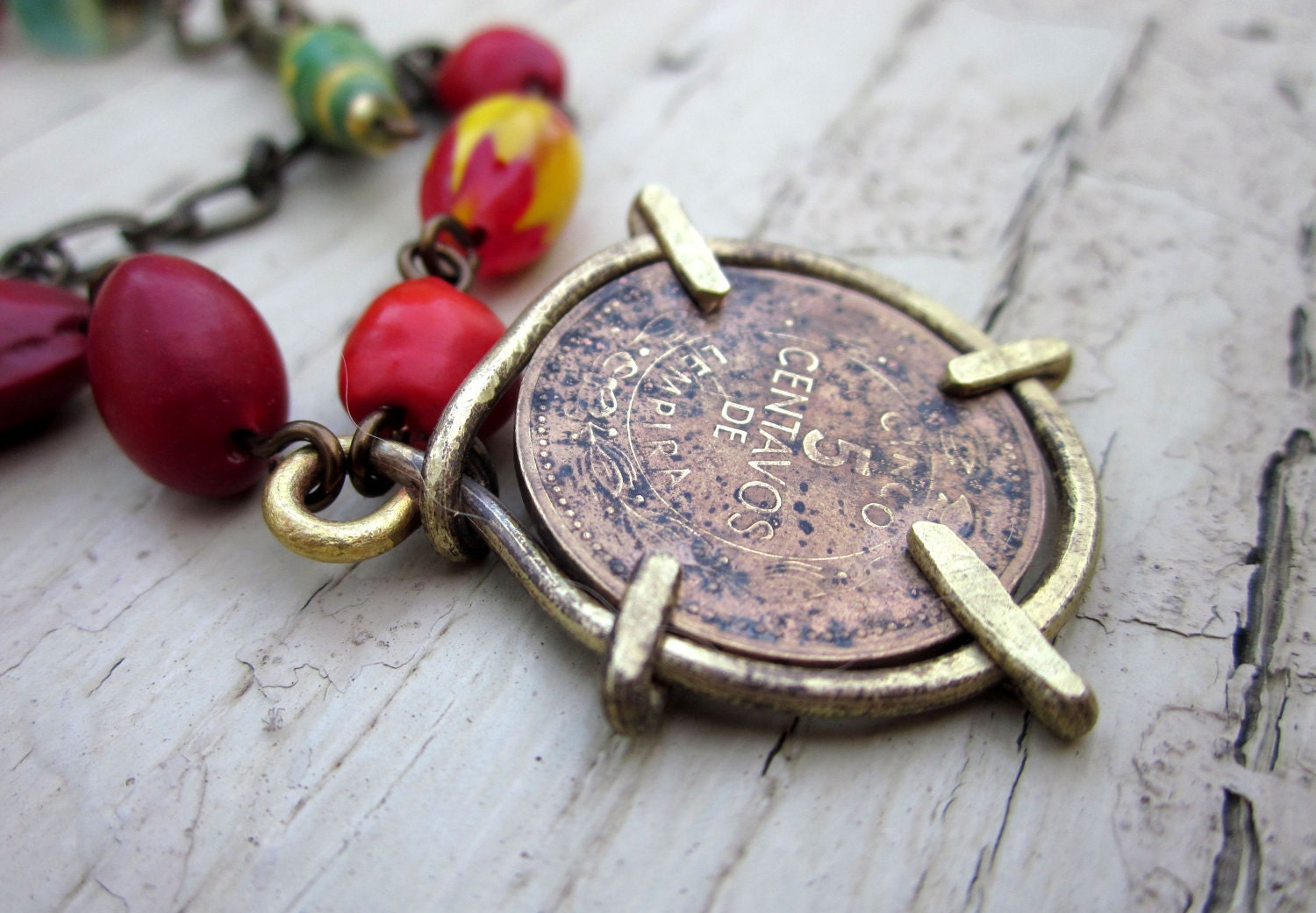 Coin Pendant necklace, Honduras Colorful Quetzal bird charm - On My Travels