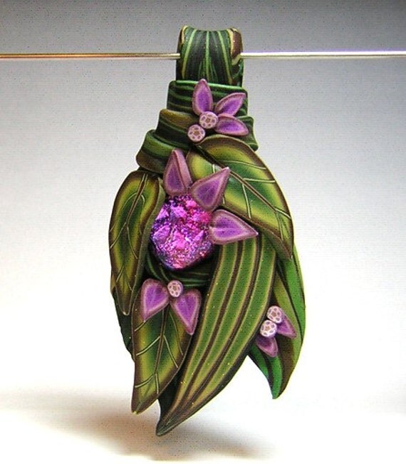 Purple and Green Polymer Clay and Dichroic Glass Pendant by Cheryl