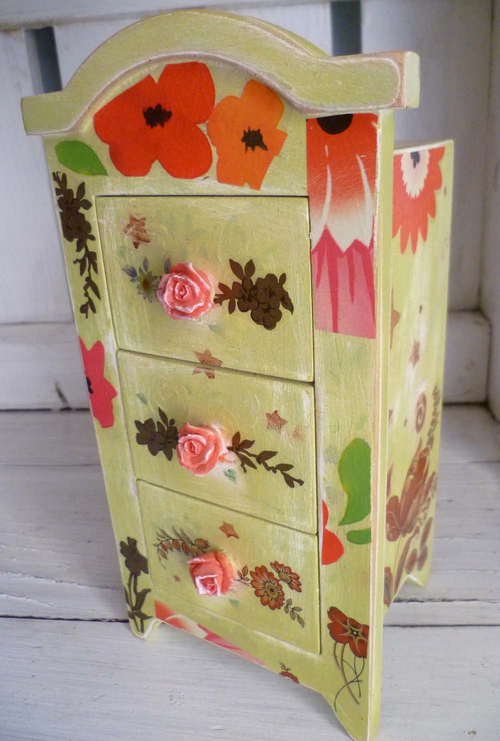 Decoupage Jewelry Box - Flowers Stars - Handpainted Functional Art - Roses