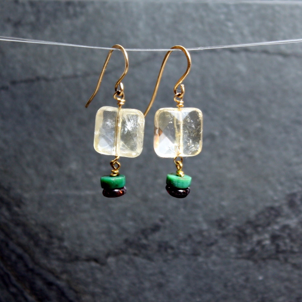 Lantern Earrings with Citrine, Garnet and Vintage Turquoise