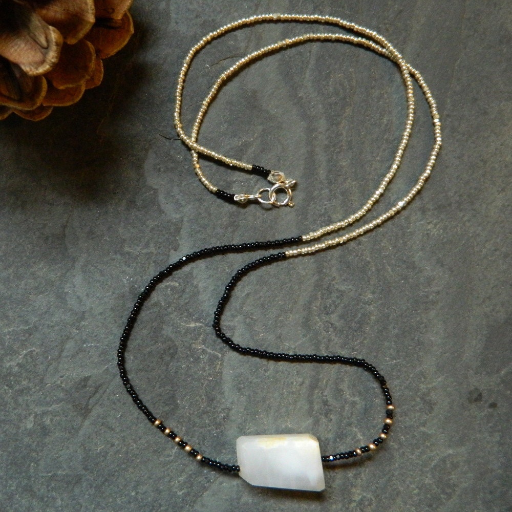 Etcetera Milky Quartz Necklace with Black, Silver and Gold Seed Beads