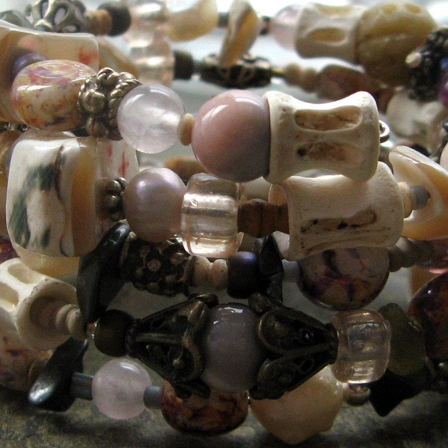 pink beaded coil wrap bracelet-- sterling silver, bone, pearl, gemstone and glass-- rosetta by thebeadedlily