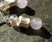 beaded dangle earrings-- sterling silver, rose quartz, bone-- bones 'n roses