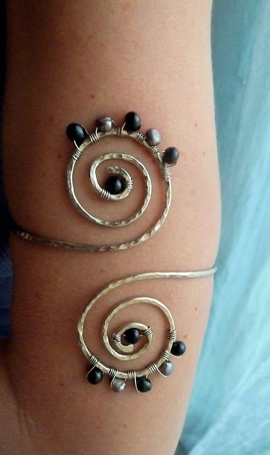 Silver Wire Wrapped Greecian Swirl Arm Cuff - Hammered Armlet - Arm Band