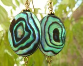 Abalone and Gold Earrings with Peacock Pearls