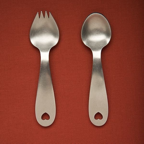 heart baby spoon and spork feeding set - pewter for toddler or baby