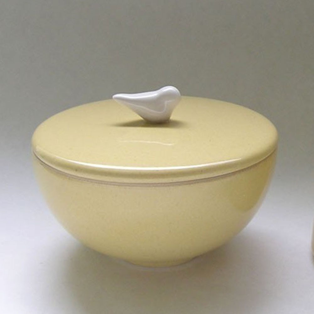 Ceramic Lidded Vessel in Butter Yellow with White Bird
