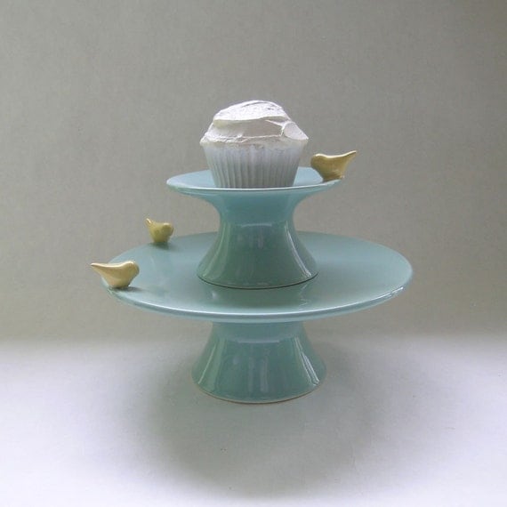 Bird Cake and Cupcake Ceramic Stand in Robin Egg Blue