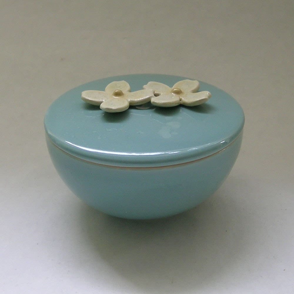 Ceramic Lidded Vessel with Dogwood Flower in Robin Egg Blue