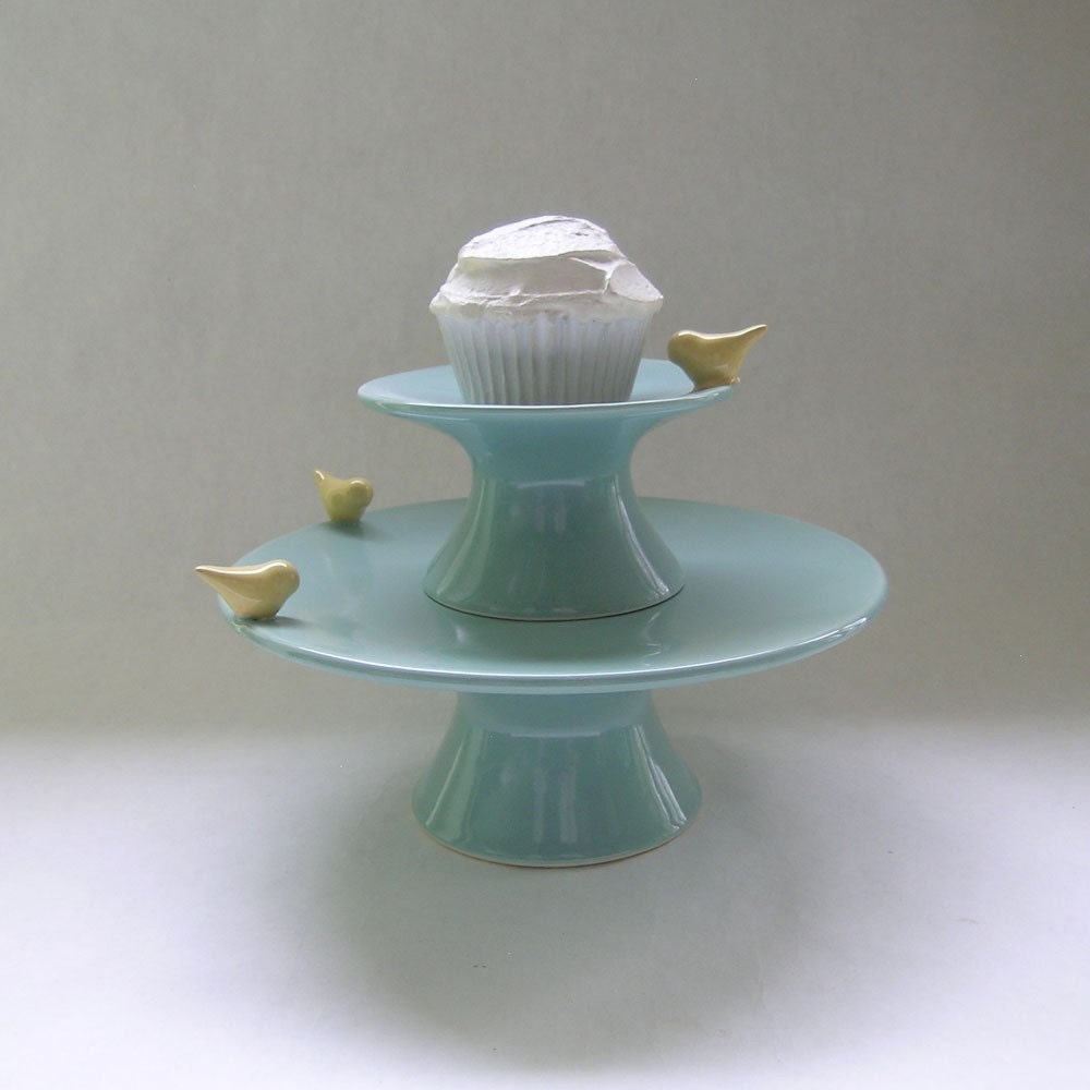 Bird Cake and Cupcake Ceramic Stand in Robin Egg Blue