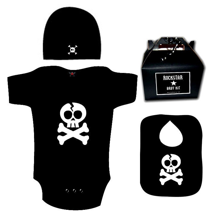 Punk Rock Baby Gift Kit SKULLS black white romper one piece layette hat box