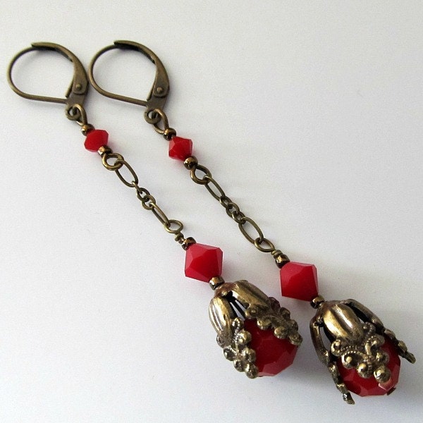 Red coral crystal beaded earrings vinatge look antique brass long drops beaded jewelry