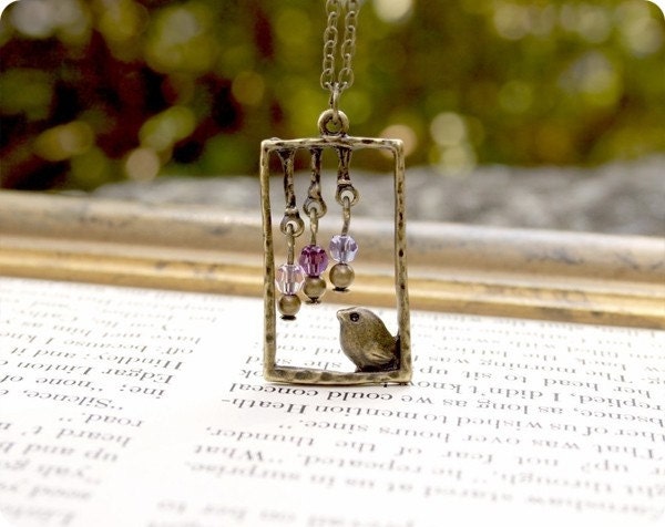 Crystal Rain, Bird Necklace, 18 Inch Chain, Antique Gold Brass, Easter Gift Idea