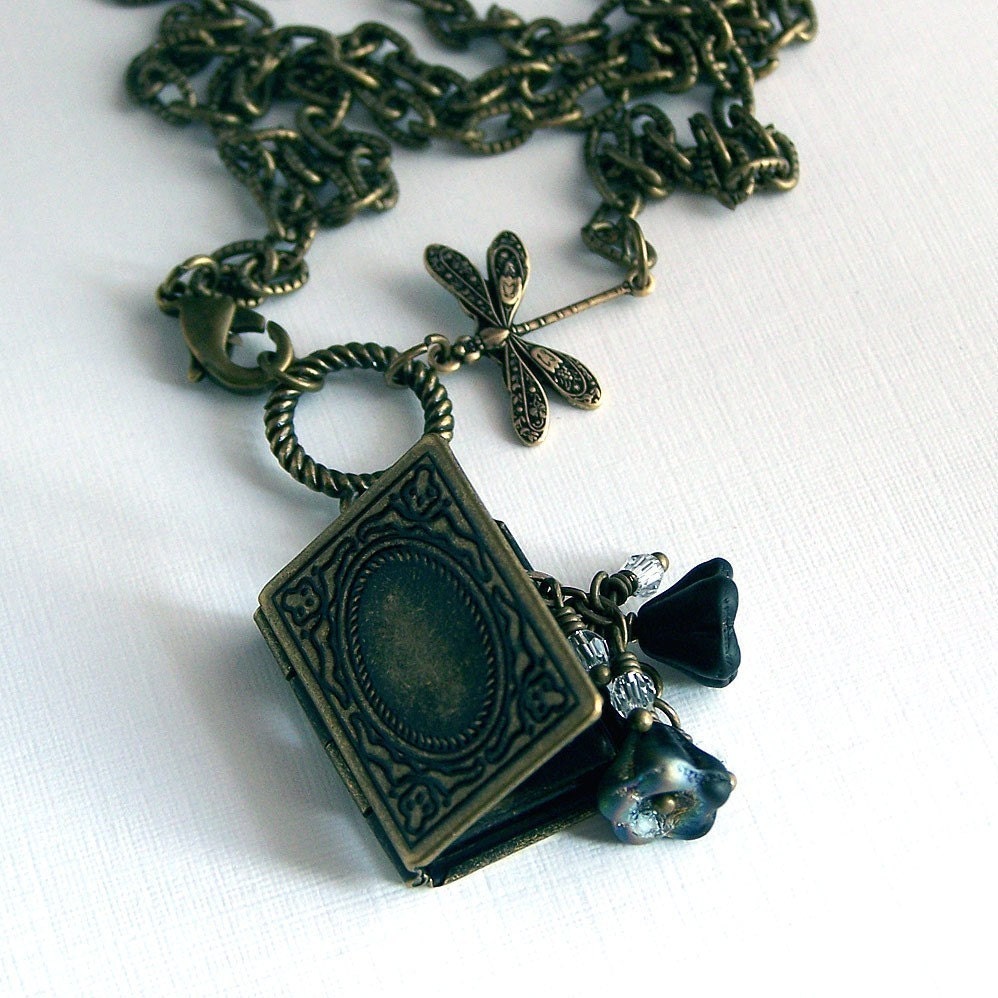Grimoire - Antique Brass Locket Necklace with Czech Glass Flowers and Swarovski Crystals