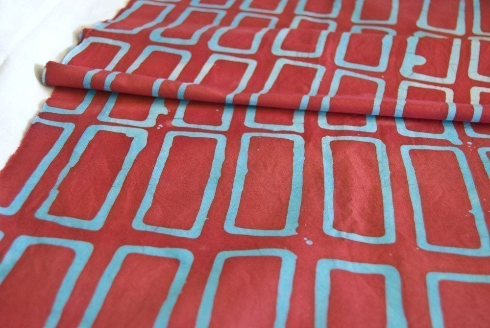 Bricks Hand Dyed fabric in turquoise and red