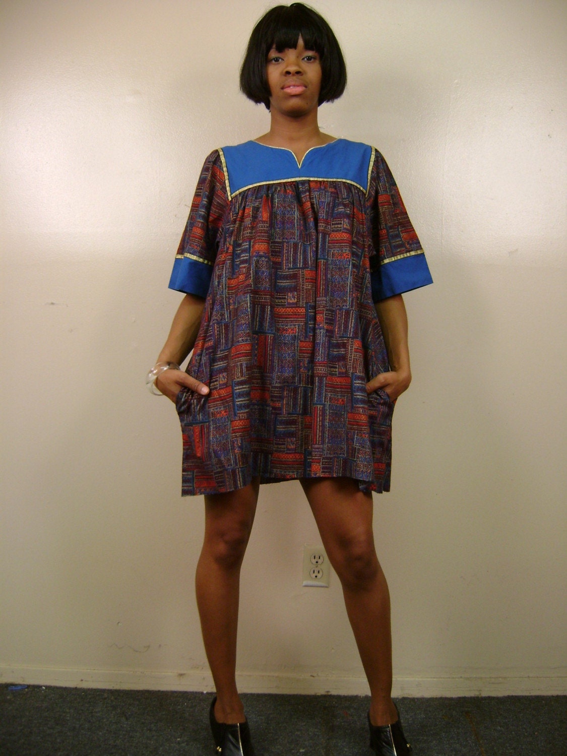 Vtg Bold Mod Print Oversized Ethnic Tent Dress S M L