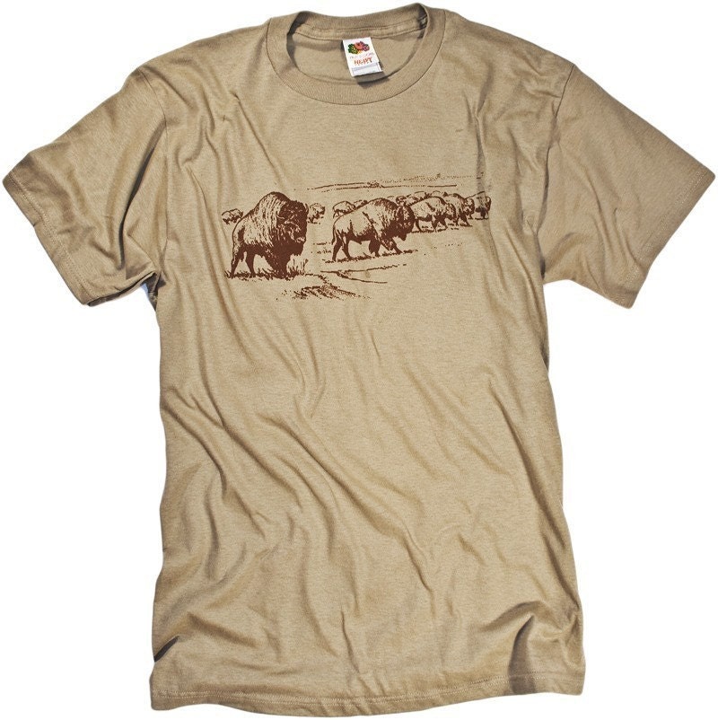 American Bison or Buffalo Tonal Nature Graphic Print on Khaki T-shirt - S,M,L,XL,XXL Sizes Available