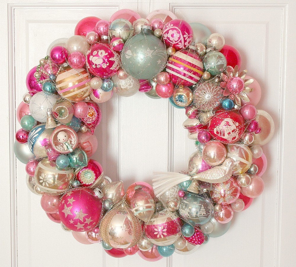 Special Pinks Aqua Vintage Ornaments Wreath Shiny Brite Fabulous BIG