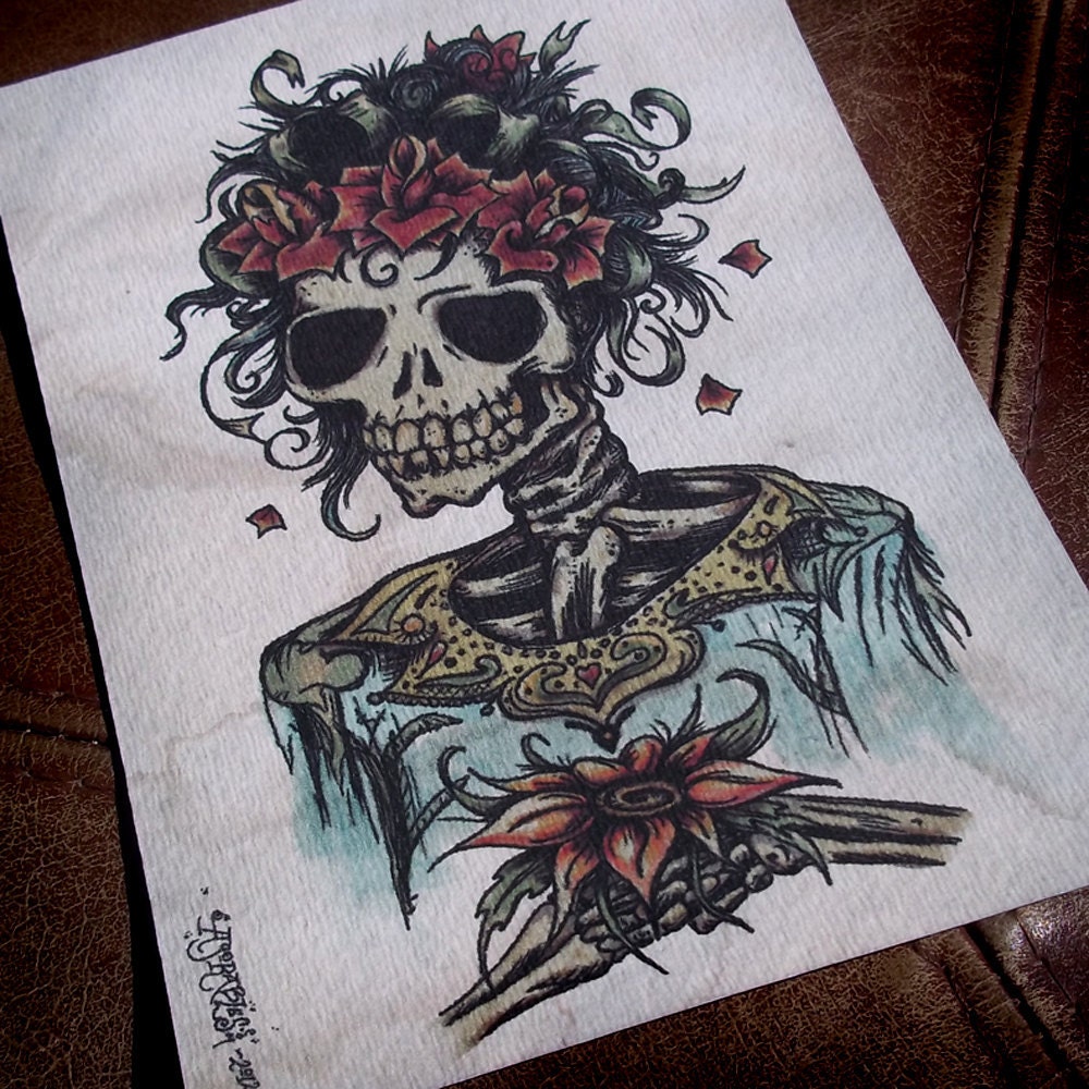 Day of the Dead Bride with Spanish Rose Traditional Tattoo Style Art Print 5x7 By Agorables Old School Skull and Flower
