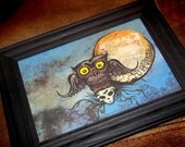 Owl with Vine Skull Flying Thru the Night Art Print 5x7 By Agorables Love the Cute and Creep Moon