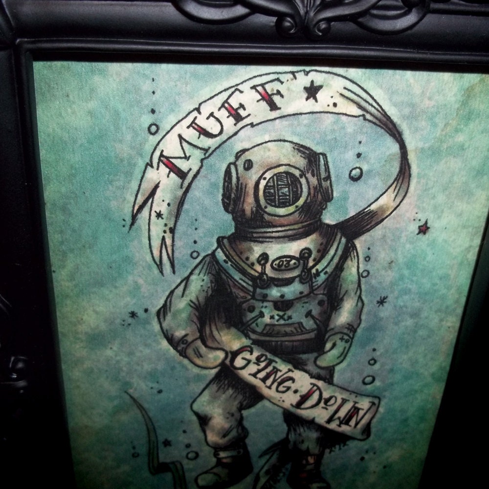 Mature Sexy Muff Diver "Going Down" Traditional Tattoo Flash Art Print 5x7  By Agorables Lord of the S&M Vibrator Ruler of the Dildo