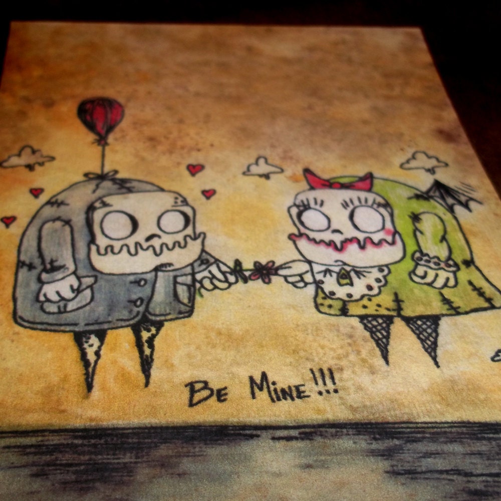 Monster Anniversary Romantic Print "Be Mine" Love  5x7 Art Print by Agorables Undead Zombie  Valentine's Day