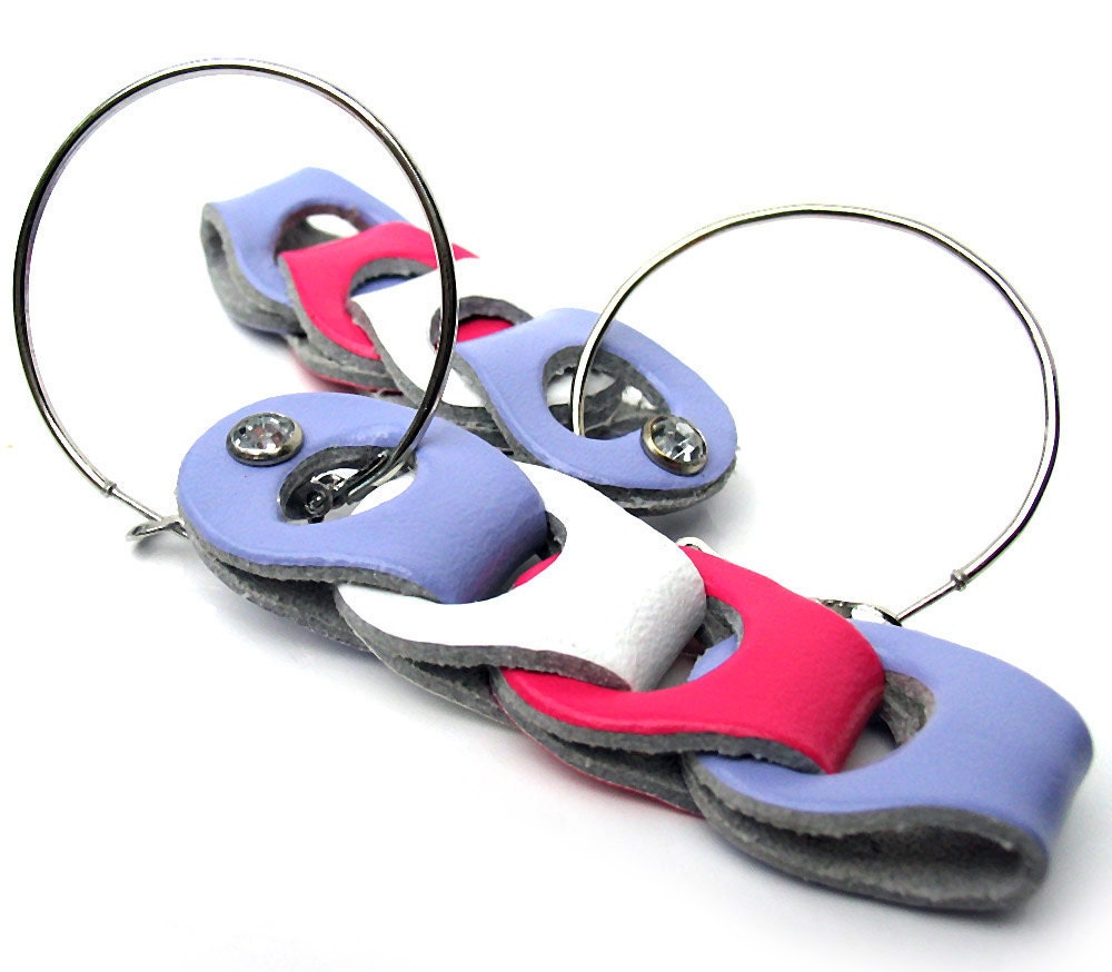 Hoop Earrings with Long Pink, Purple & White Leather Links, Eco Friendly, Reclaimed Belt, Funky Fashion, Women, Teen Girl, OOAK