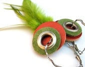 Green and Copper Leather & Feather Earrings - Shoulder Dusters on Silver Hoops - OOAK