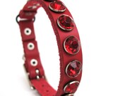 Red Leather Cat Collar with Large Ruby Red Rhinestones, Size XS/S, to fit a 8-10in Neck, Eco-Friendly, Reclaimed Leather