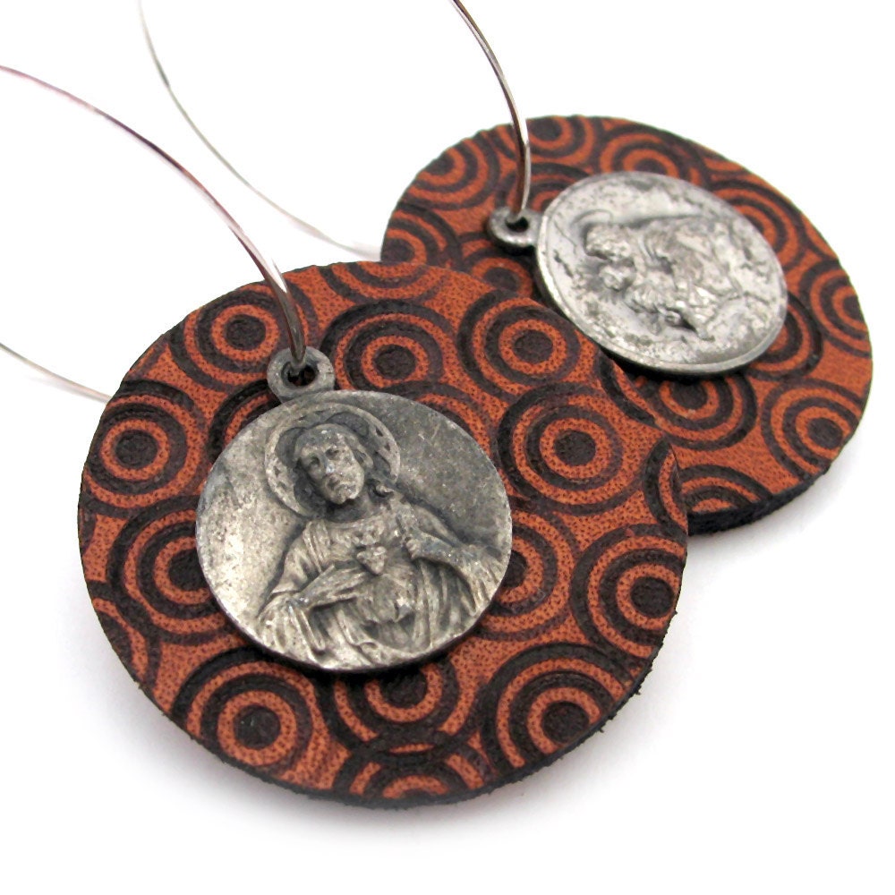 Silver Hoop Earrings with Vintage Catholic Pendants and Etched Leather Disks, OOAK