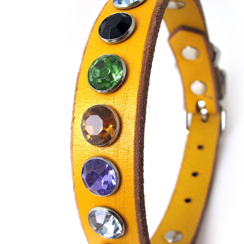 Bright Yellow Leather Dog Collar with Colorful Crystal Rivets, Size S, to fit a 11-14in Neck, Small Dog, EcoFriendly, OOAK