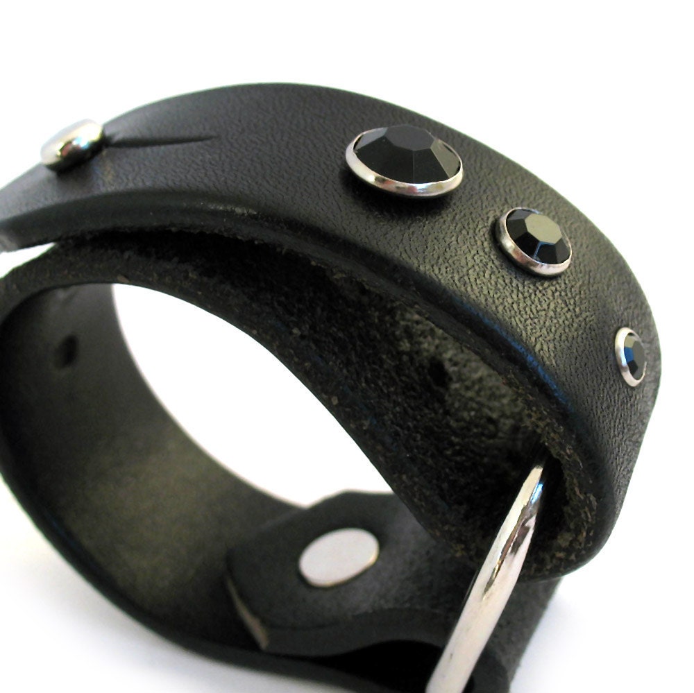 Skinny Black Leather Cuff Bracelet Fold Over Style with Silver Ring and Crystal Rivets, Eco-Friendly, Petite, Women, Teen Girl, Unique, OOAK