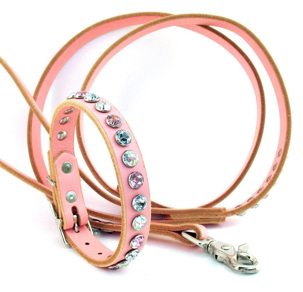 Leather Dog Collar and Leash Set in Pink Leather with Sparkling Rhinestones, Size S, Small Dog, 11-14in Neck, OOAK