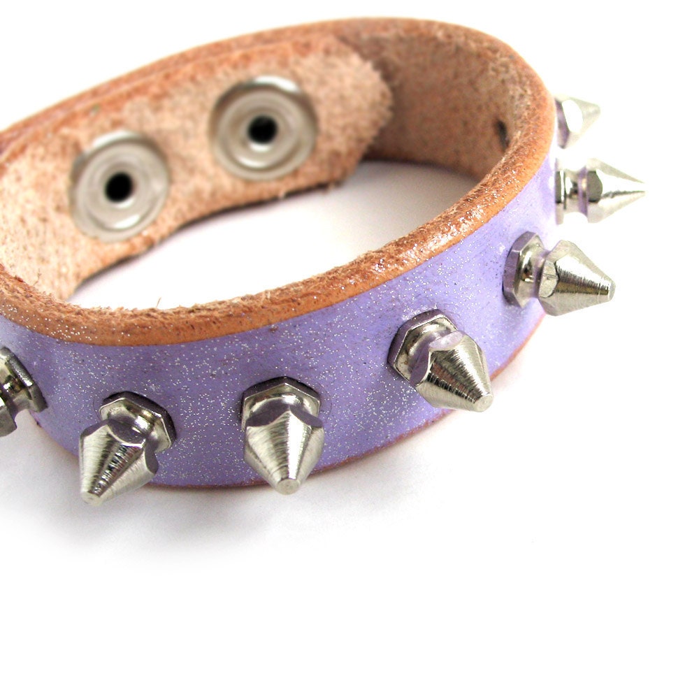 Lavender Leather Cuff Bracelet with Petite Silver Spikes, EcoFriendly, Unique, OOAK