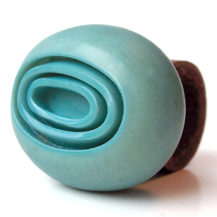 Leather Ring - Size 7 - Big Beautiful Vintage Button
