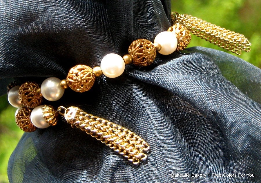 PearLs Vintage Bracelet Wrap Bangle Wedding Dangling Tassel Mad Men Bold Filigree Beads Mid Century Hollywood