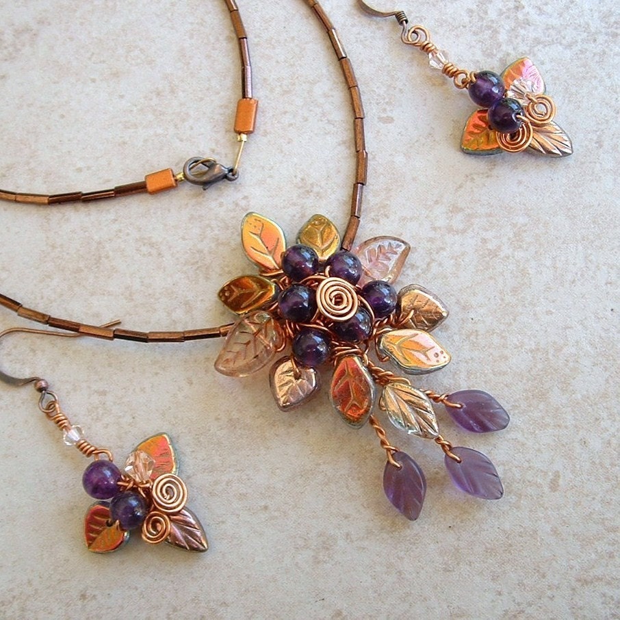 Art Nouveau Flame Amethyst and Copper Earrings