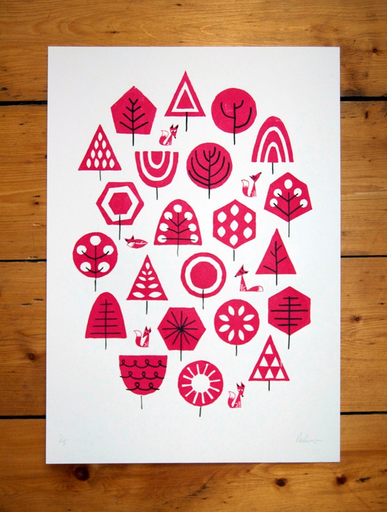 Foxy Forest - Pink - A3 Screenprint