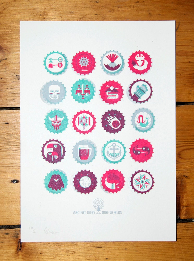 Ancient Beers of the Nine Worlds - A4 - 3 colour screenprint