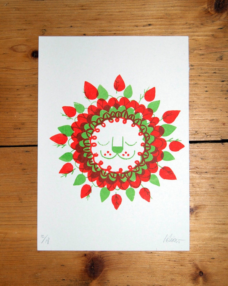 Dudley Lion screenprint - Red/Green - A5 Screenprint