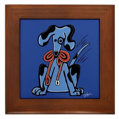 Walk Me Whimsical Blue Dog Art - Framed Ceramic Tile signed by Kristen Stein