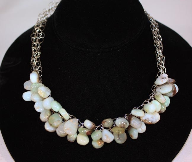 Genuine Peruvian Opals Hand Crochet Wire Knit Sterling Silver Necklace by Kristen Stein