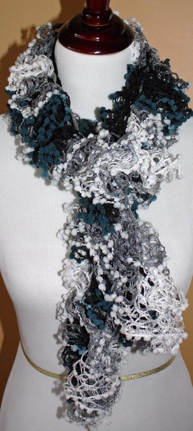 ON SALE Romantic and Delicate - Fun Flirty Frilly Crochet Ruffled Scarf  Long and versatile - Teal, Grey and White