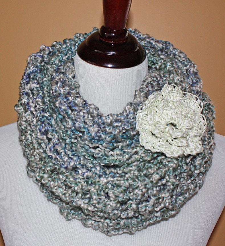 ON SALE Ice Blue - Soft Fluffy Crochet Hooded Cowl Neckwarmer Shawl with Rosette - Many ways to wear it.