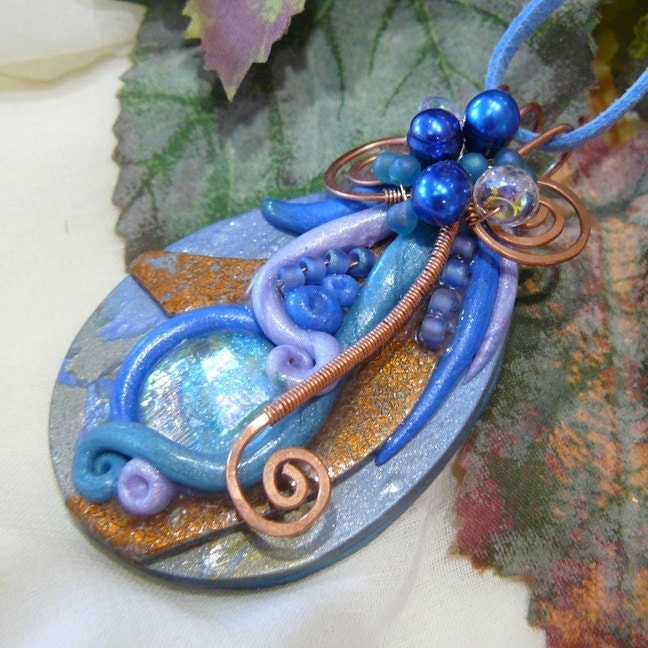 Shimmery Blue Polymer Clay Dichroic Glass and Copper Pendant