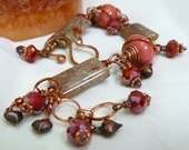 Salmon Pink Lampwork Glass and Mayflower Jasper Charm Bracelet